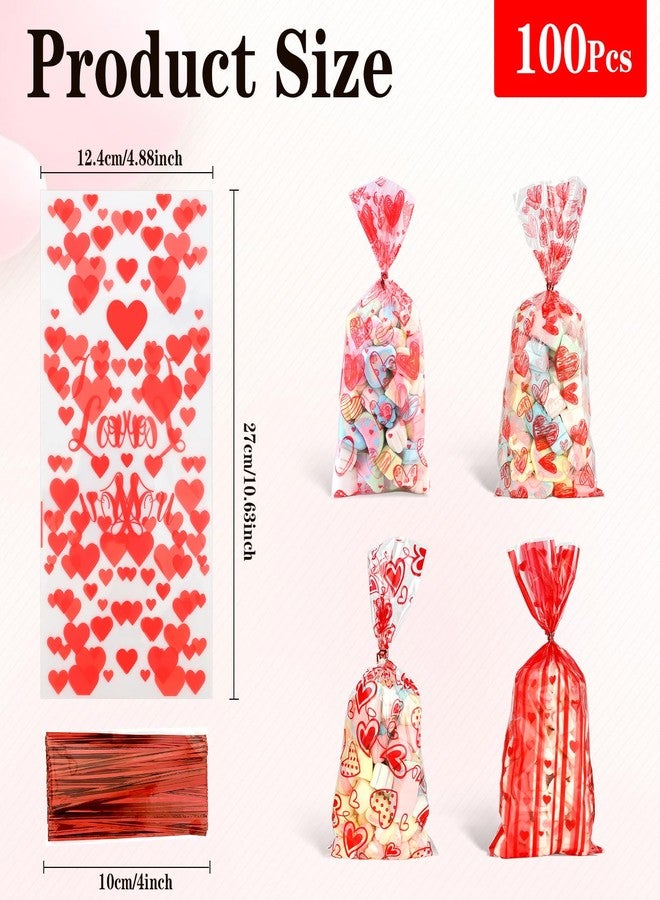 BOEIAC Valentine Treat Bags, 100 Pcs Valentines Cellophane Bags, Plastic Clear Red Valentine Candy Cookie Gift Goodie Snack Bag with 100 Pcs Twist Ties for Valentines Wedding Party Favor Supplies, 5 Styles - Image 3